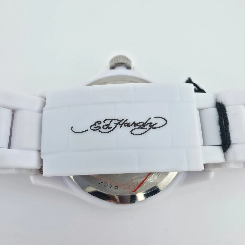 New! ED HARDY VIP Men's Watch Skull Tattoo Unidirectional Bezel White Band 8.75